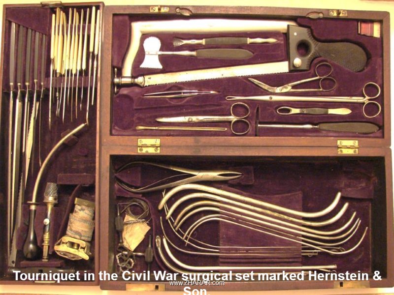 Tourniquet in the Civil War surgical set marked Hernstein & Son.   www.ZHARAR.com